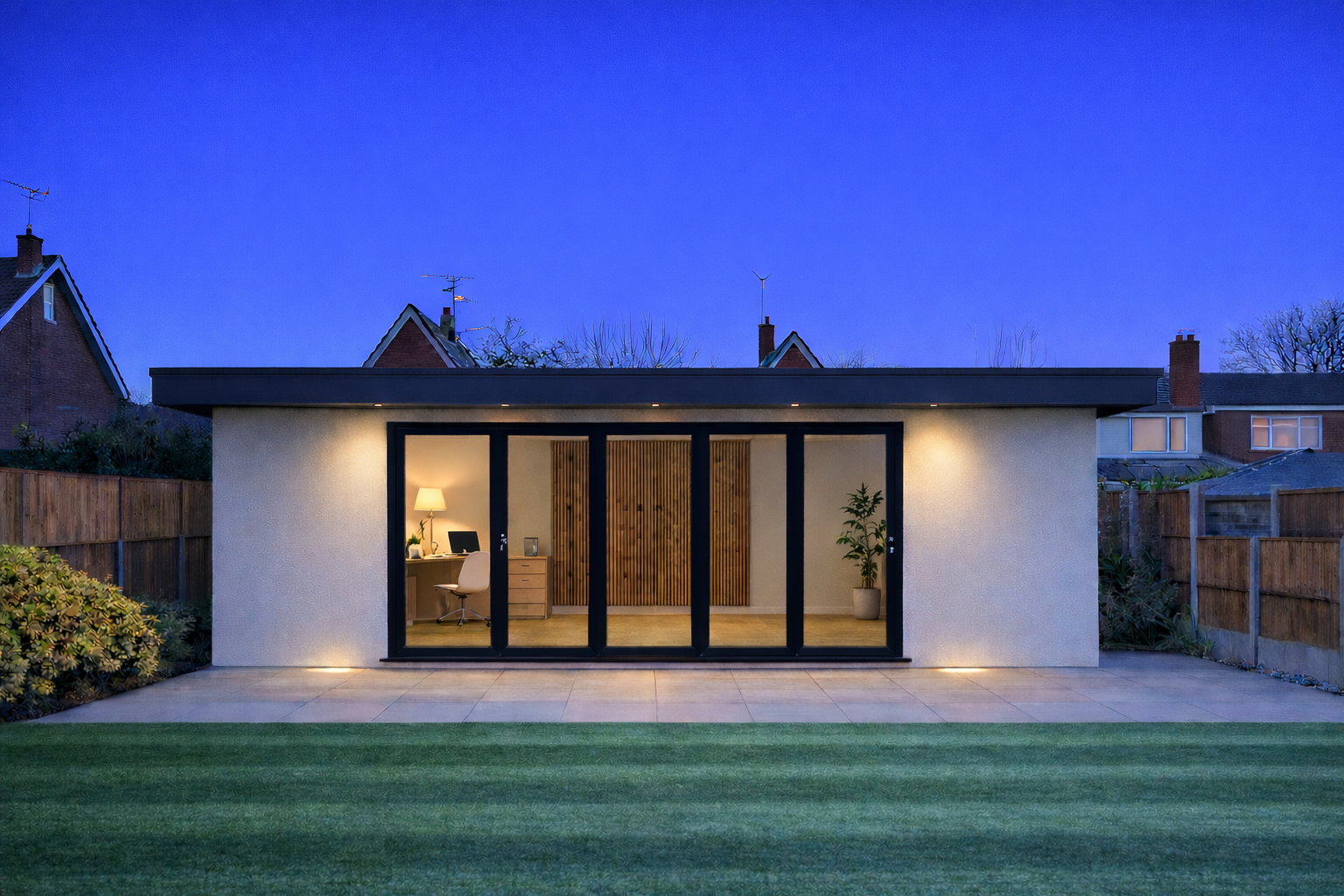 Modern backyard garden with a small architecturally designed garden room, illuminated interior, silicone render on the outside, black bi-folding doors to match the black roofline.