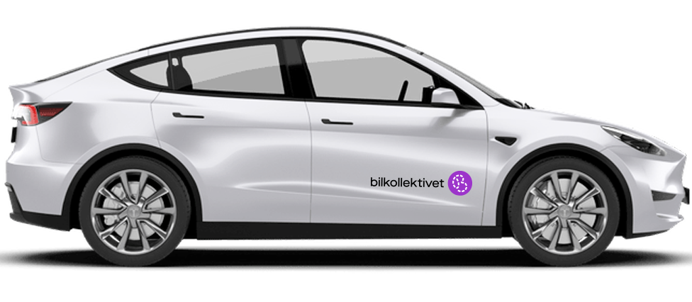 Hvit bil med logoen til "Bilkollektivet" på siden.