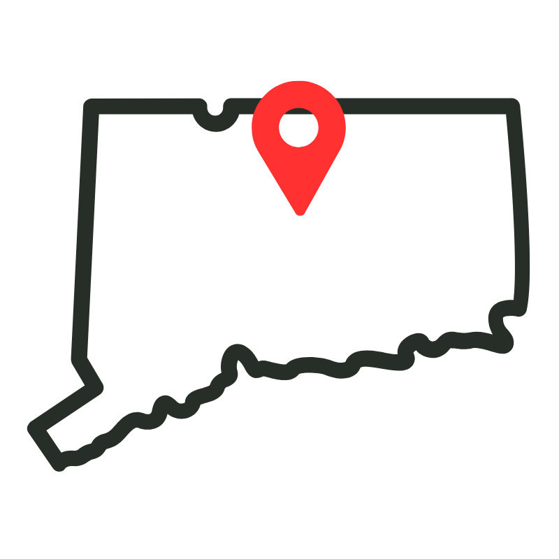 Outline of the state of Connecticut with a red location pin in the northern part of the state.