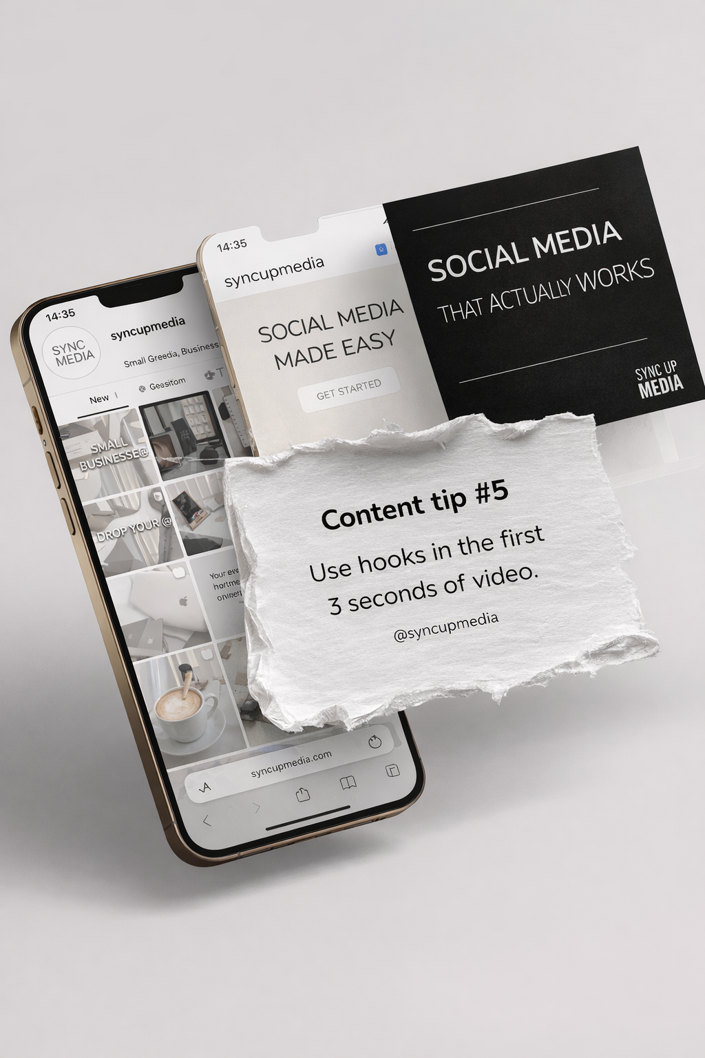 Floating iPhone mockup displaying the Sync Up Media Instagram grid alongside a black promotional card reading “Social Media That Actually Works,” set against a soft neutral background.