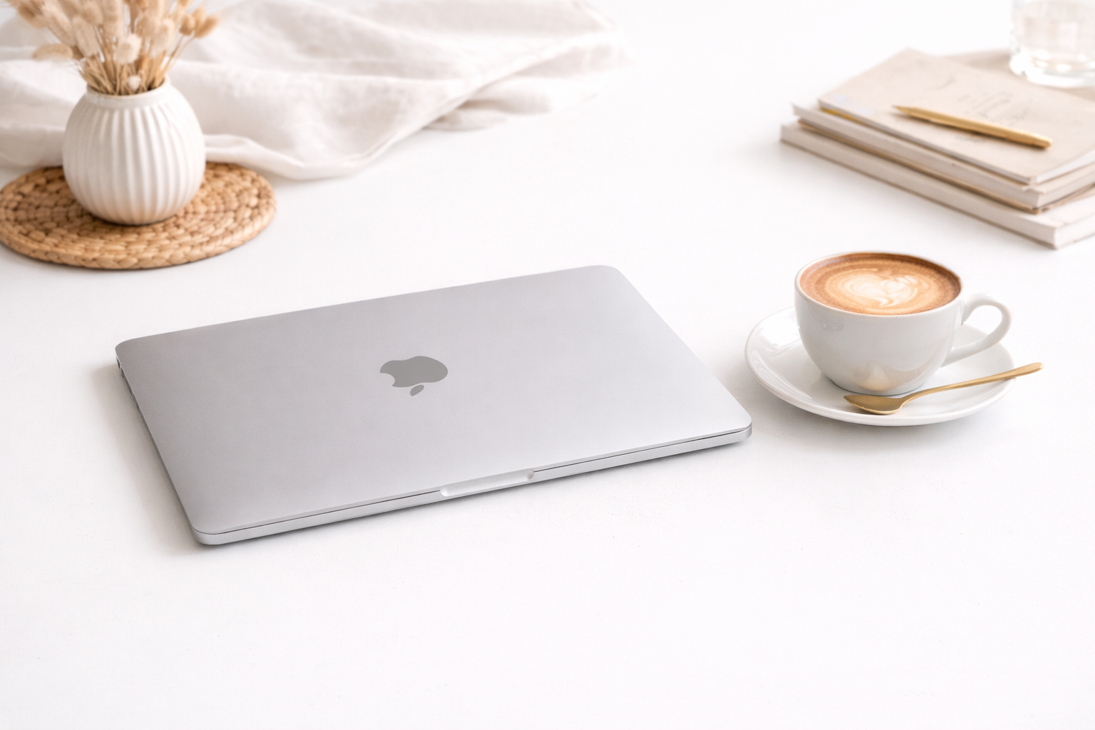 Minimalist desk scene featuring a closed silver MacBook with the Apple logo upside down, positioned on a clean white surface beside a cappuccino with latte art in a white cup and saucer.