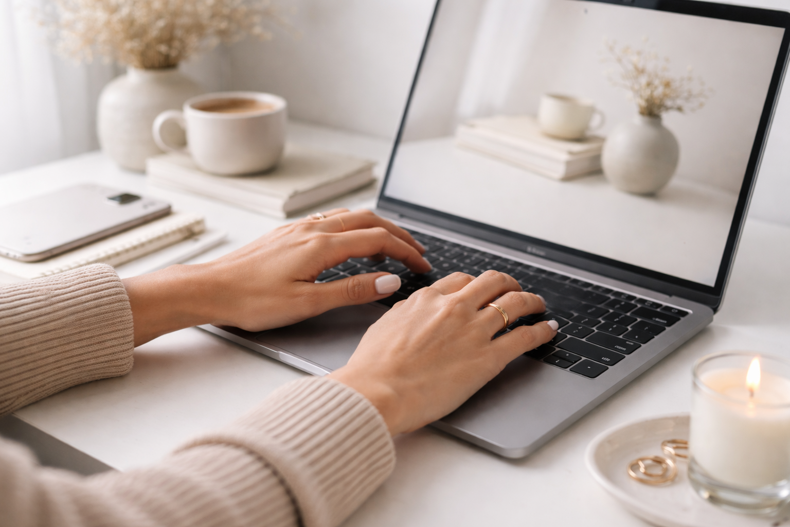 Close-up of a woman’s hands with glossy white nails typing on a silver MacBook keyboard. The desk is styled in a neutral aesthetic with a beige sweater sleeve visible, a cup of coffee resting on stacked books
