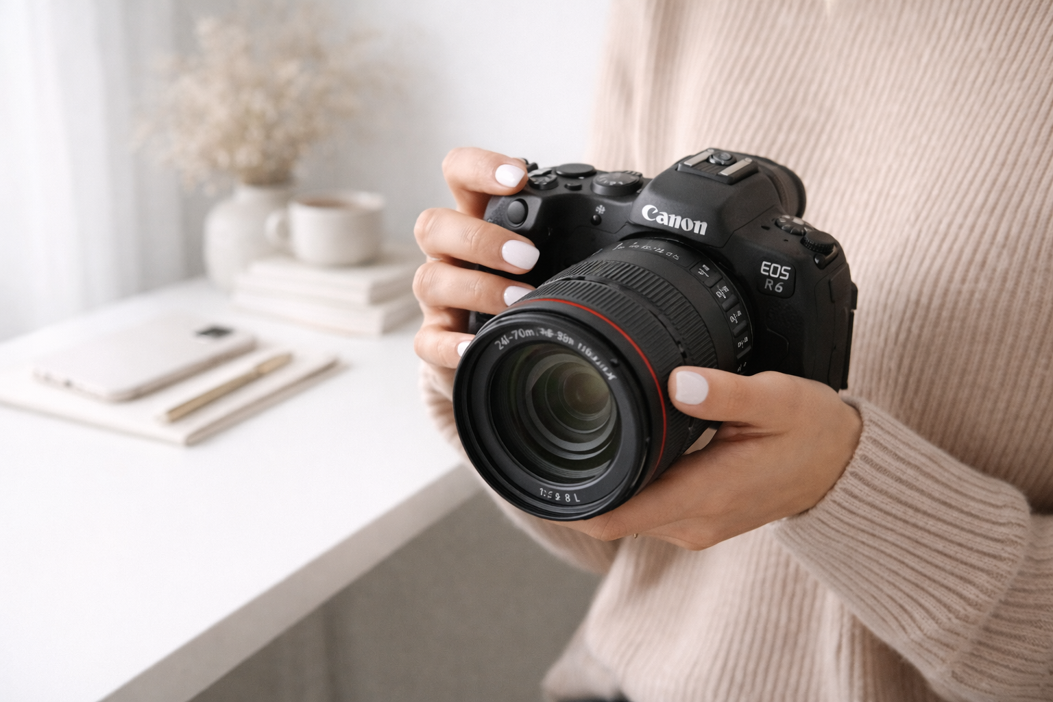 Close-up of a woman wearing a beige knit sweater holding a Canon camera with both hands. Her glossy white manicured nails and delicate gold ring are visible as she grips the camera.