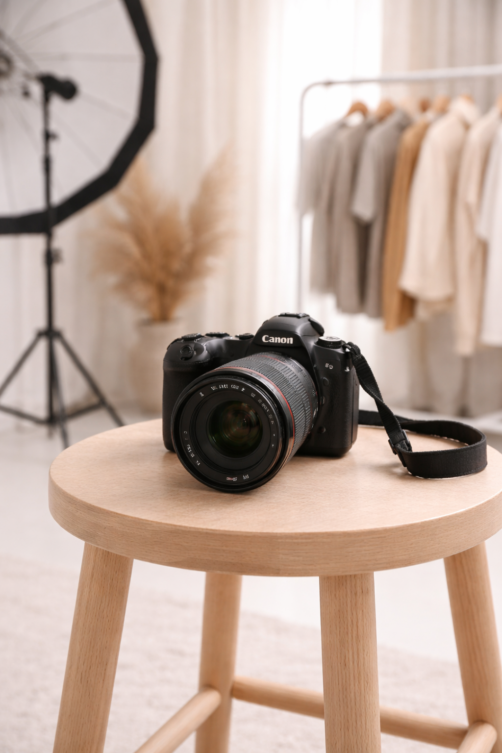 Professional Canon camera with a large lens placed on a round wooden stool in a softly lit studio environment.