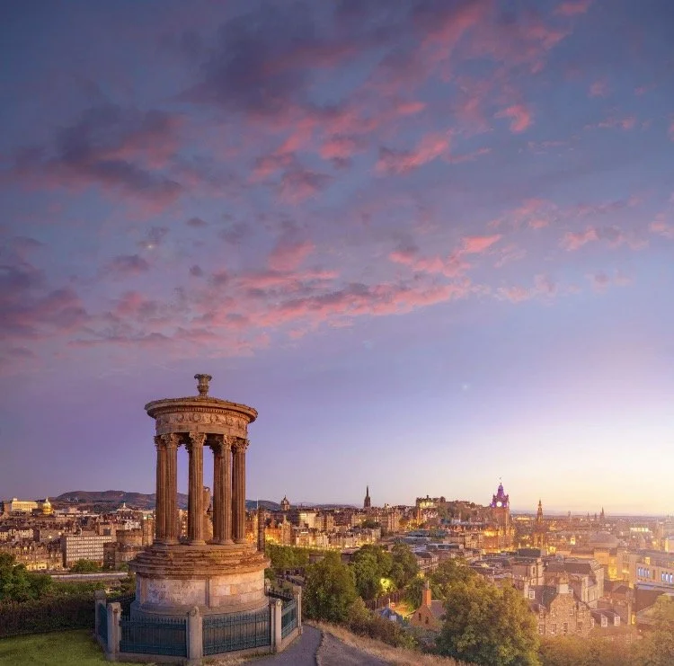 Edinburgh skyline from Calton Hill during golden hour in spring