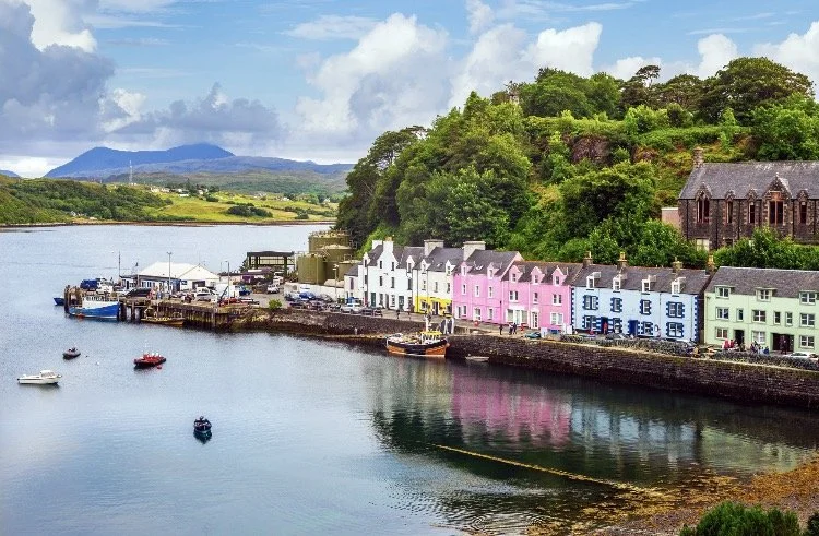 Peaceful Scottish coastal village harbour during spring morning