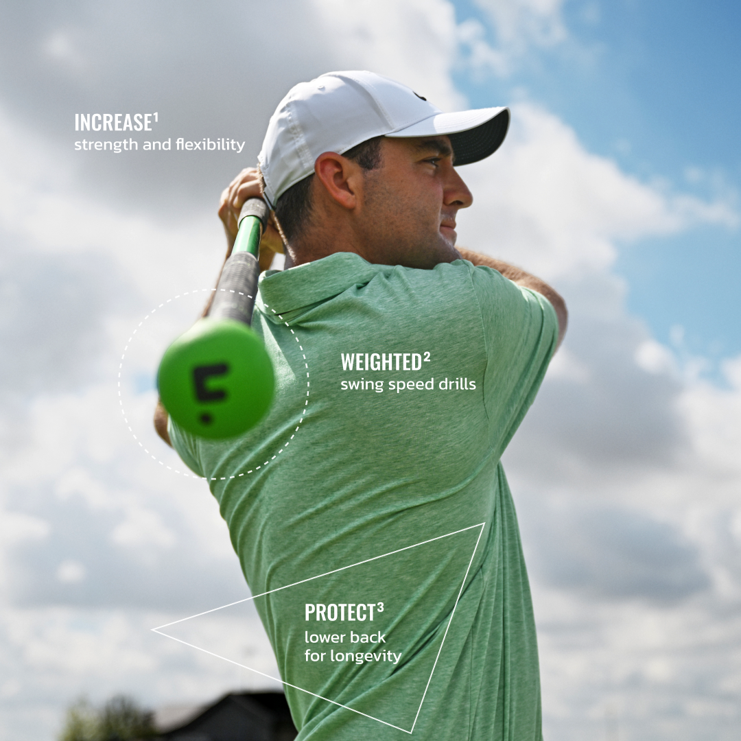 Man in a green shirt and white cap swinging a green golf club with text highlighting benefits like increased strength, flexibility, and protection for the lower back.