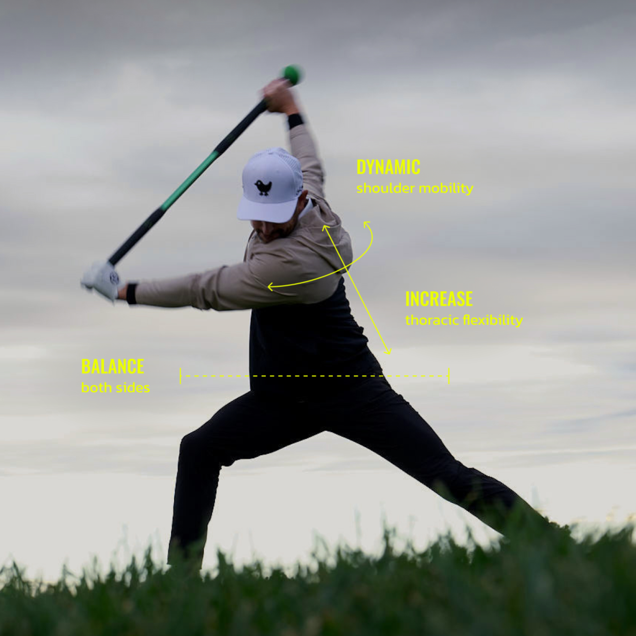Golfer swinging club with focus on shoulder mobility, thoracic flexibility, and balance, against cloudy sky background.