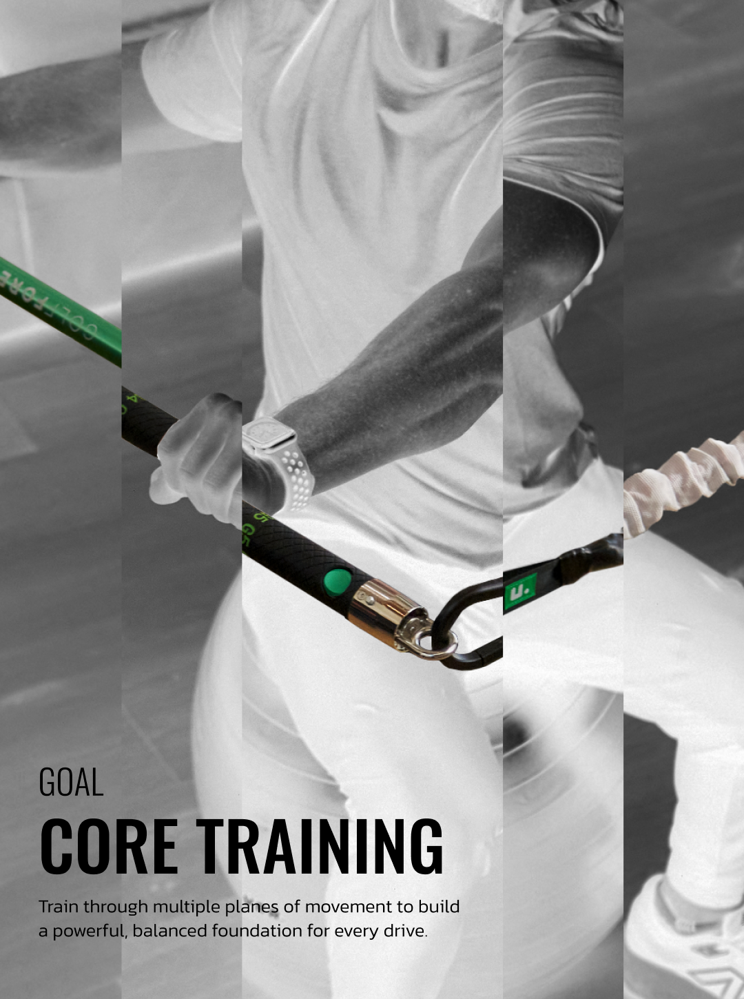 Black and white photo of a person using exercise equipment for core training with text promoting core training and movement for balance and power.