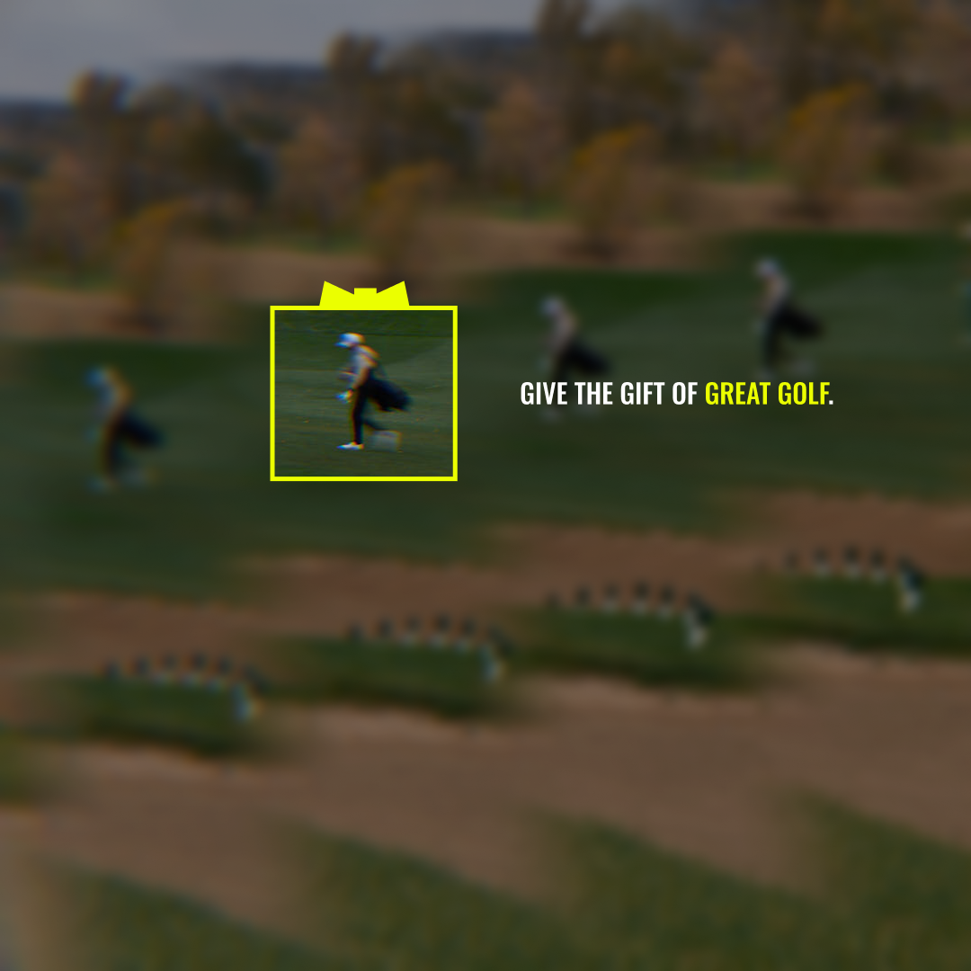 Blurred image of a golfer walking on a golf course with text overlay saying "Give the gift of great golf."