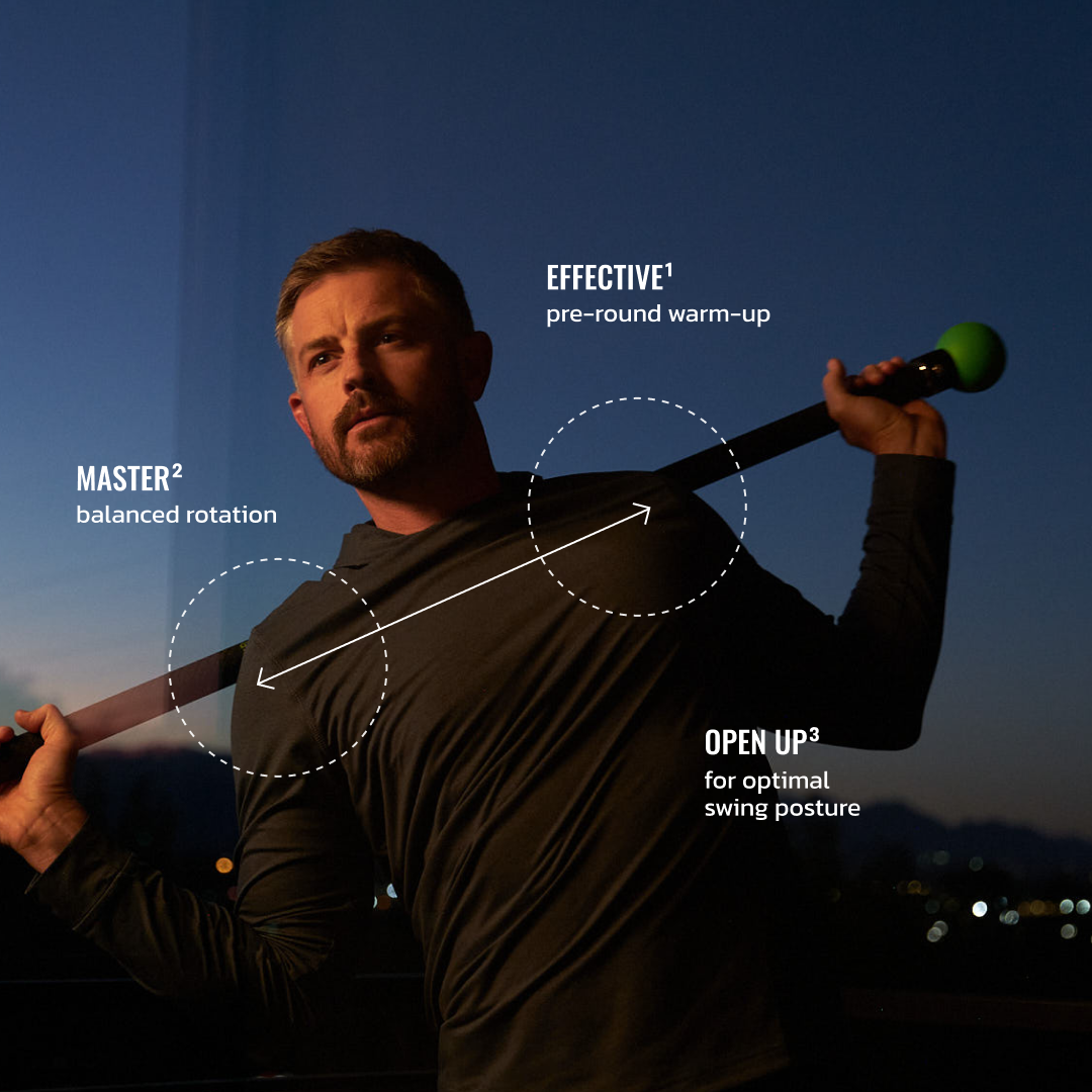 Man performing a pre-round warm-up exercise at dusk with a stick held behind his shoulders, labeled as effective for balanced rotation and optimal swing posture.