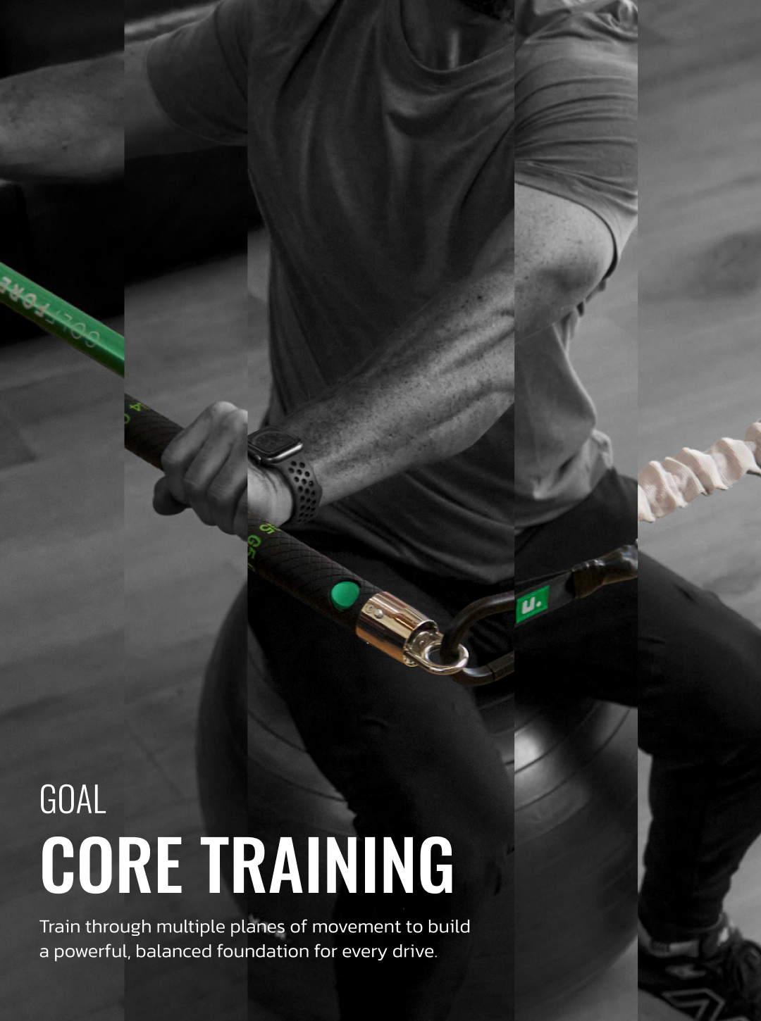 Person engaging in core training, holding resistance bands while sitting on an exercise ball, with text promoting core training benefits.