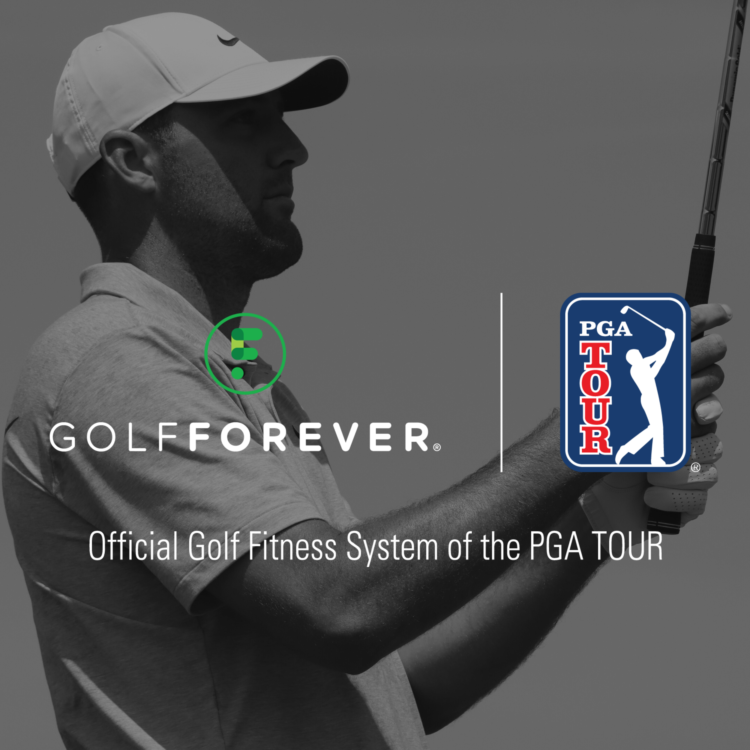 Silhouette of a golfer holding a club, with Golf Forever and PGA Tour logos, labeled as the official golf fitness system of the PGA Tour.