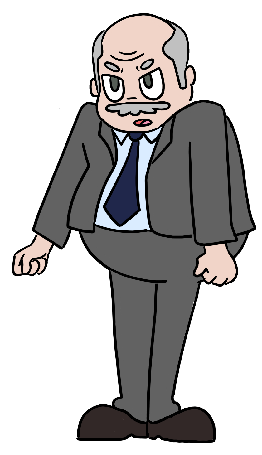 Cartoon illustration of an angry older man wearing a gray suit, white shirt, blue tie, with gray hair and mustache, with clenched fists and a stern expression.
