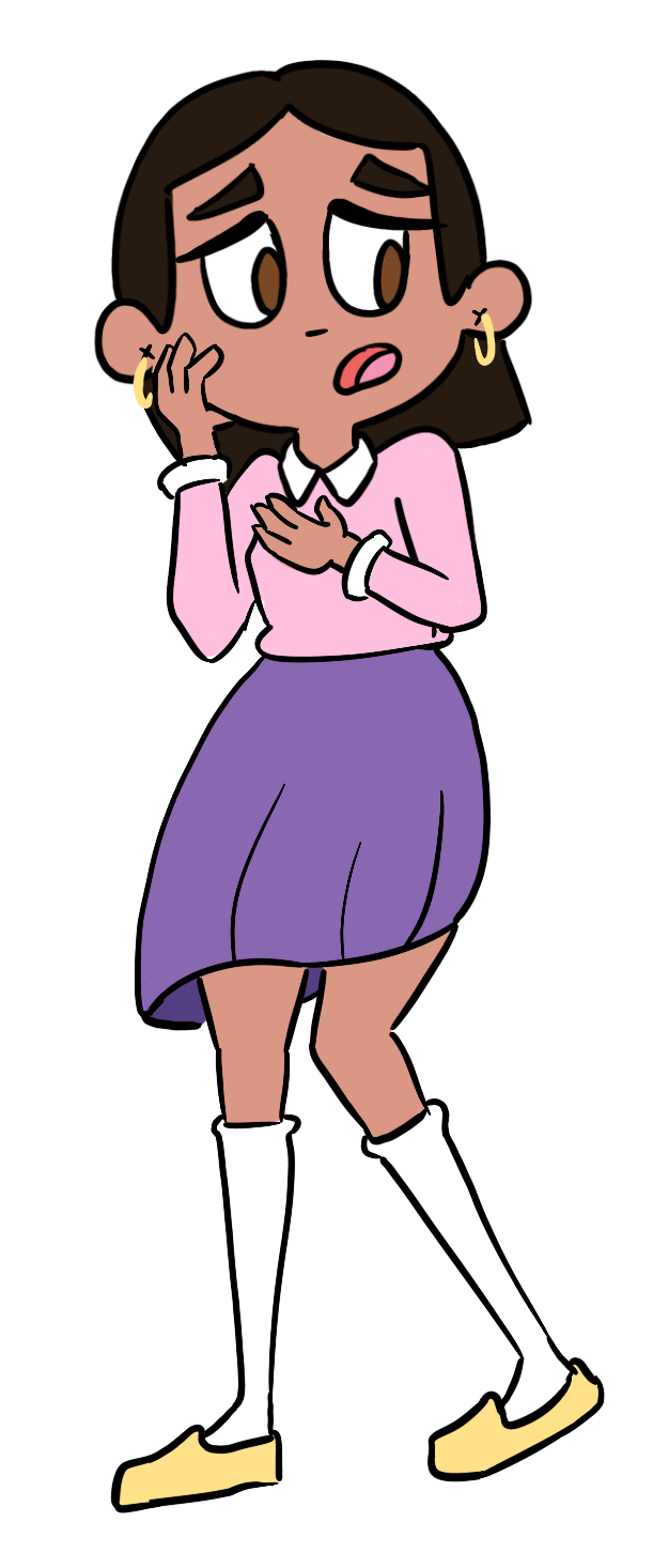 A cartoon woman with brown hair and hoop earrings, wearing a pink shirt, purple skirt, white socks, and yellow shoes, appears to be worried or nervous, touching her face and chest.