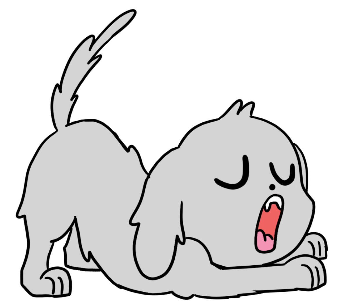 Cartoon dog lying on the ground with eyes closed and mouth open, as if yawning or tired.