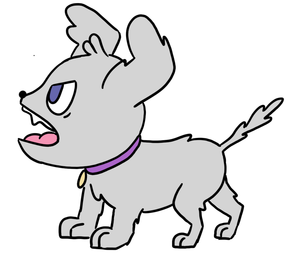Animated gray puppy with blue eyes and a purple collar barking with its mouth open