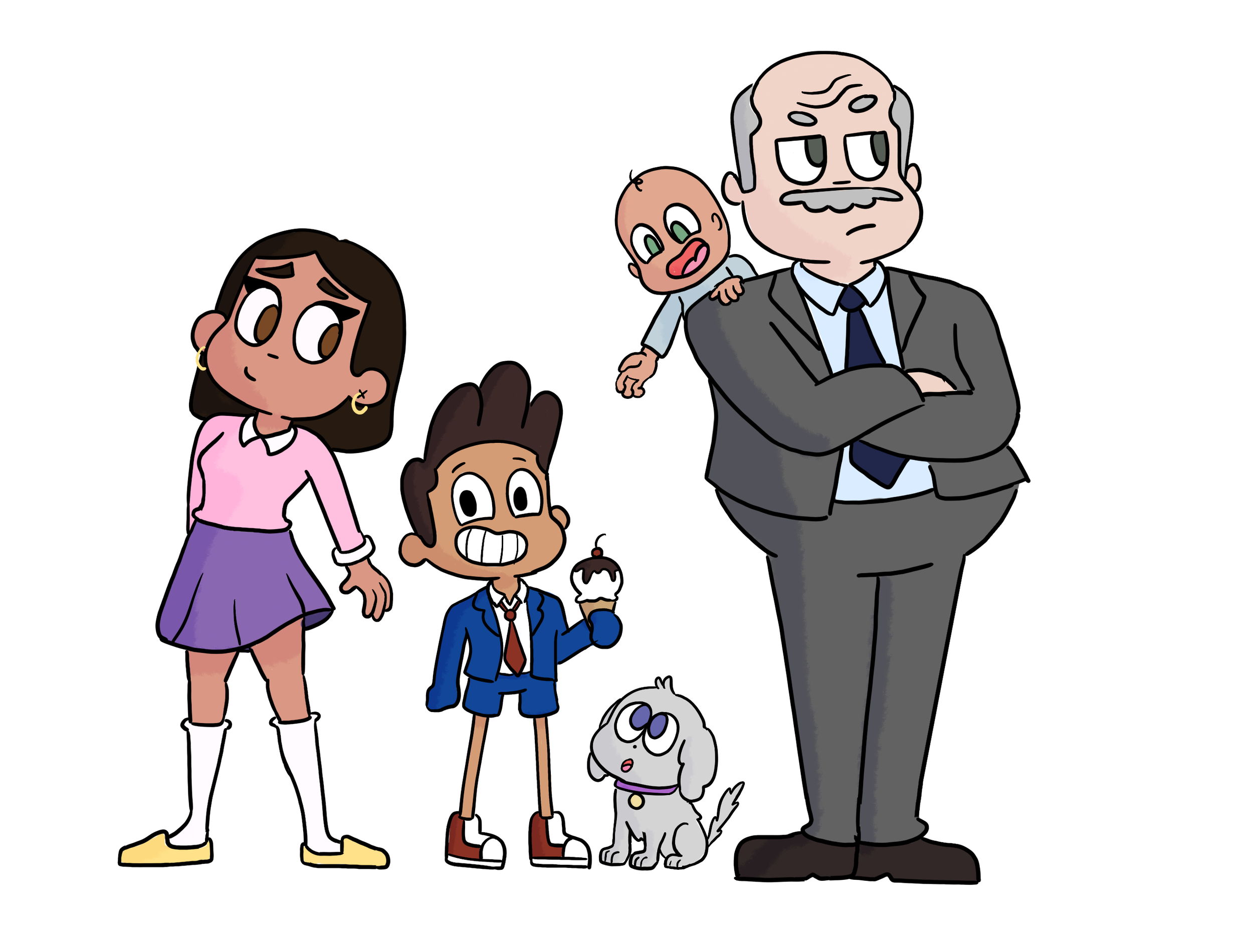 Cartoon characters of a family, including a woman, a boy, a girl with a dog, and a man with an angry expression, with a baby on his shoulder.