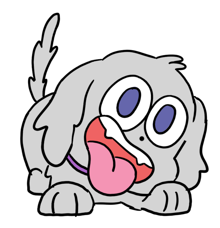 Cartoon illustration of a gray puppy with large blue eyes, tongue out, and playful expression.