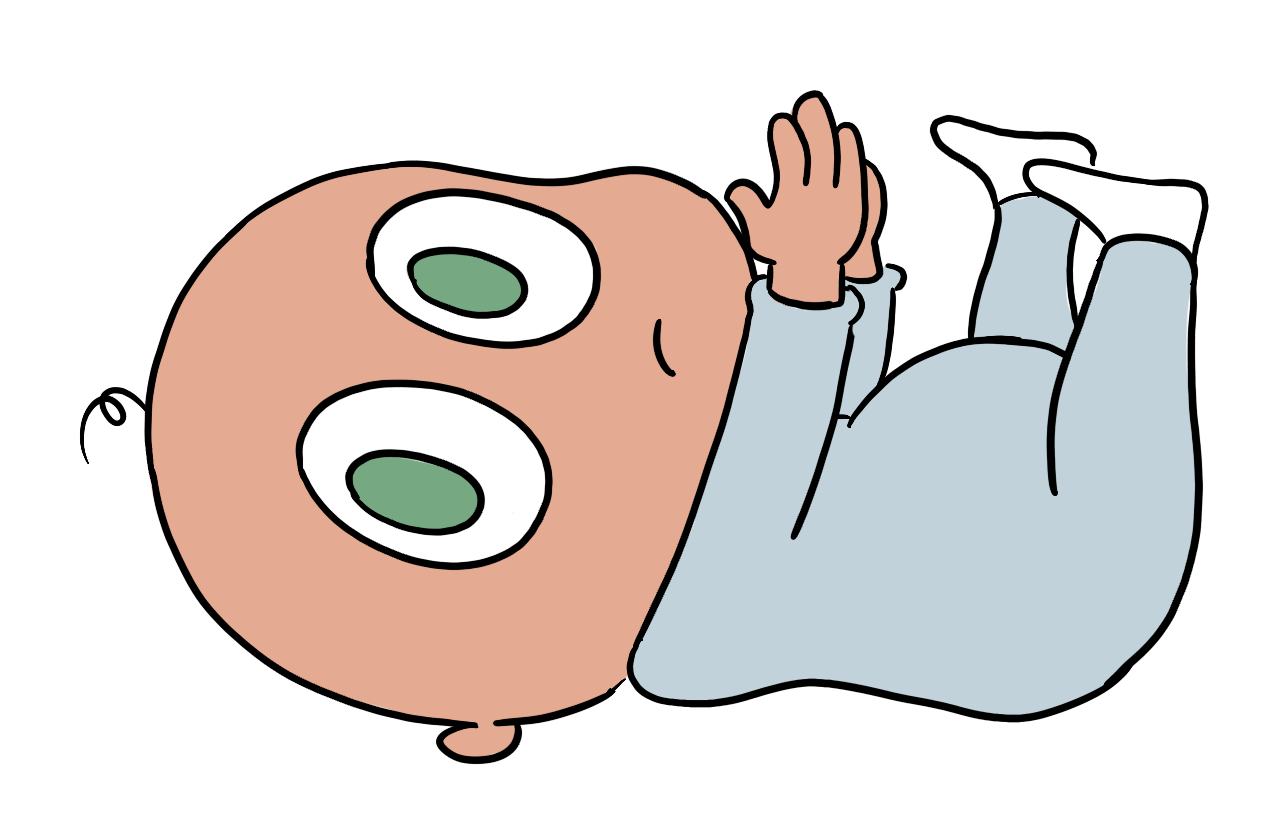 Cartoon baby lying down, with big green eyes, wearing a light blue outfit, holding hands together, and looking up.
