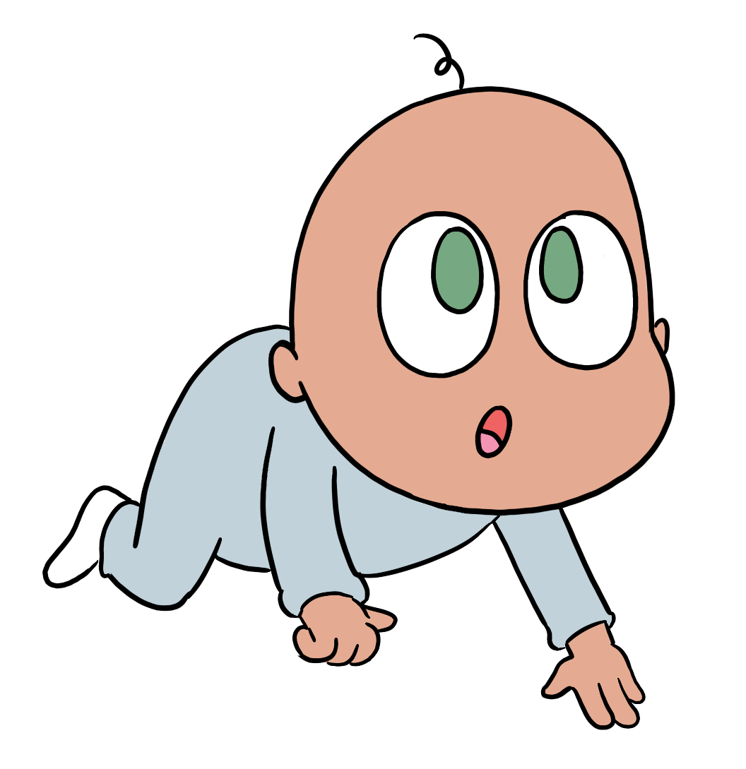 Cartoon baby crawling on hands and knees with surprised expression, wearing a light blue onesie.