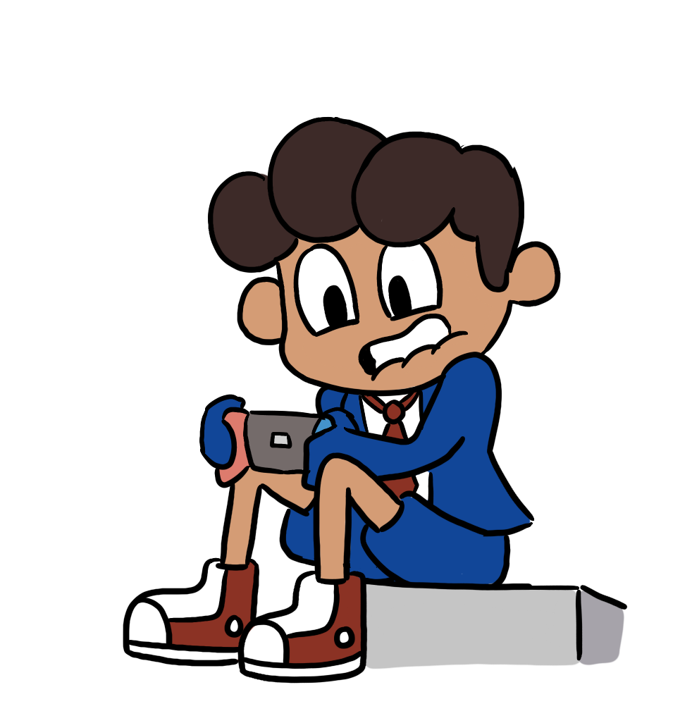 Cartoon boy with brown hair in a blue suit, sitting on a sidewalk curb, looking scared while holding a phone.