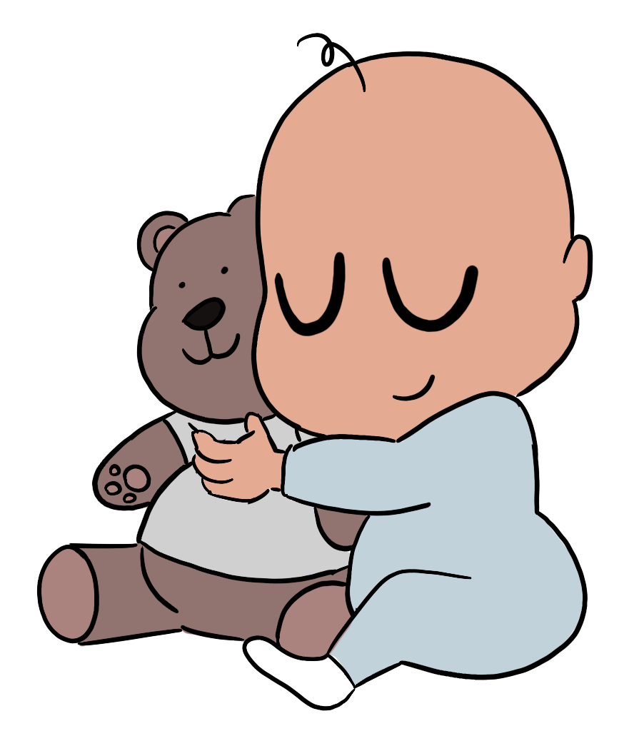 A cartoon baby hugging a teddy bear.