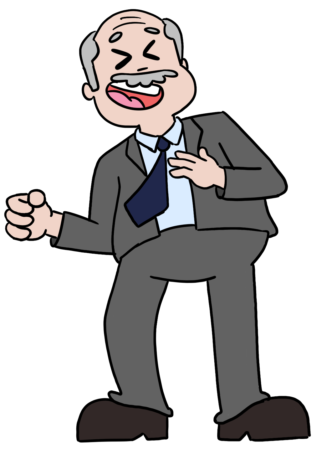 Cartoon of an elderly man in a gray suit, laughing heartily with one hand on his chest and the other clenched in a fist.