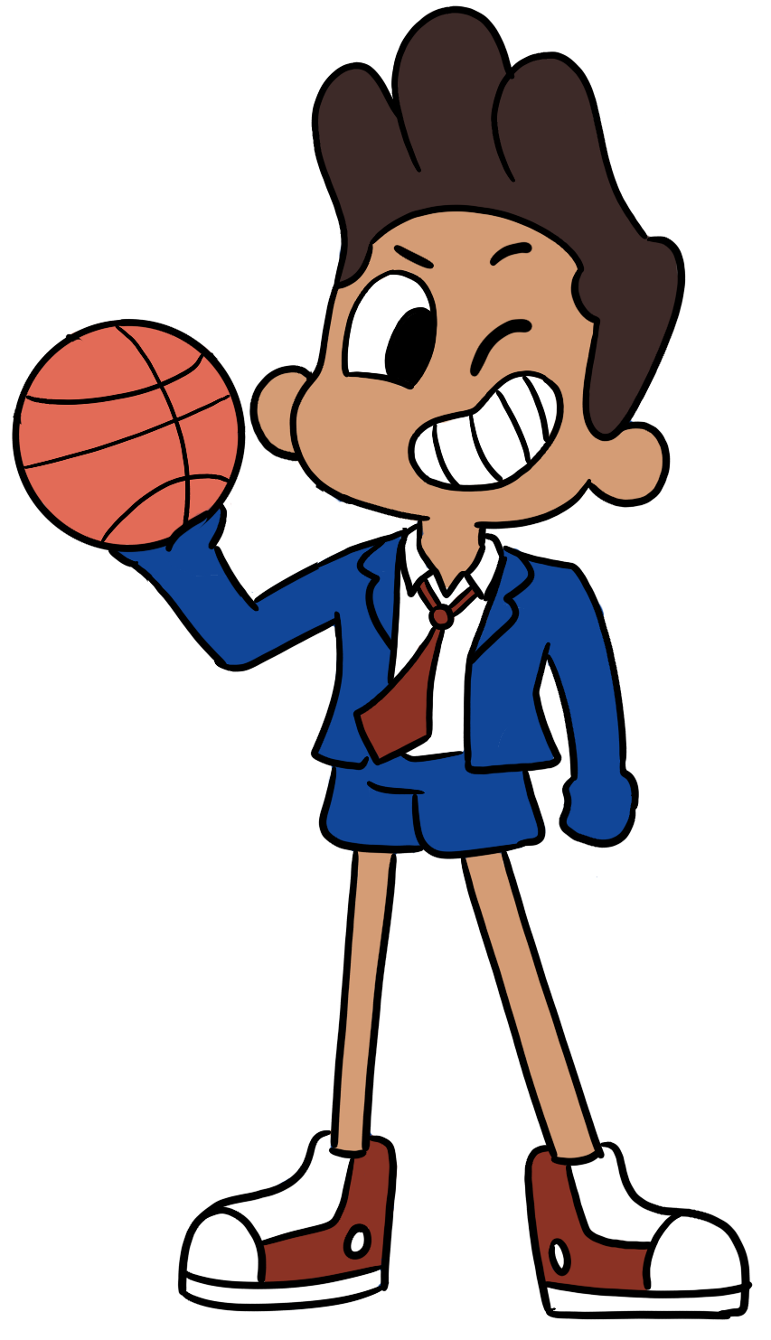 Cartoon boy in a blue suit with a red tie, red sneakers, holding a basketball, winking with a big grin, and giving a thumbs up.