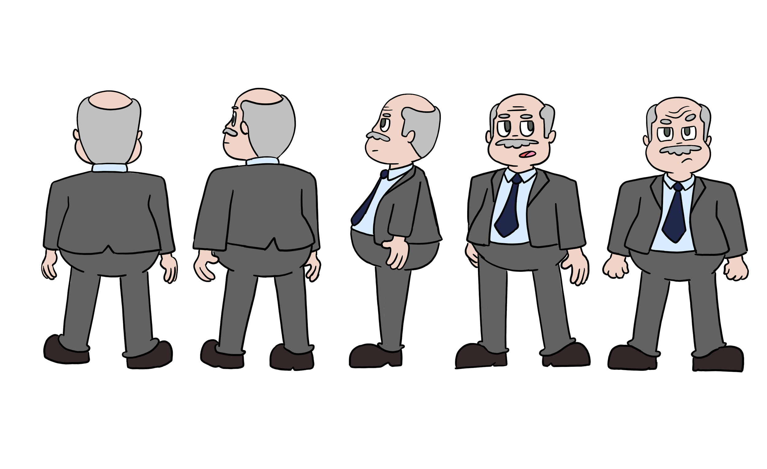 Cartoon illustration of an elderly man in a suit showing different facial expressions and postures from five angles: back, side, three-quarter, front, and front with arms slightly wider.