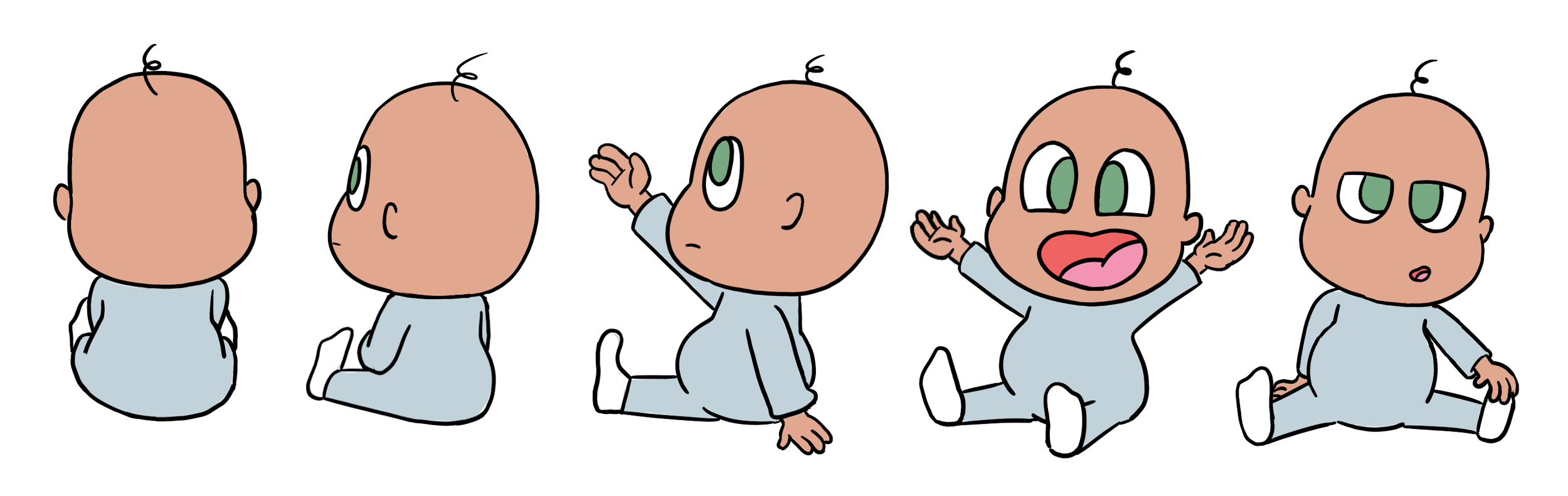 Sequence of cartoon baby sitting and making different facial expressions