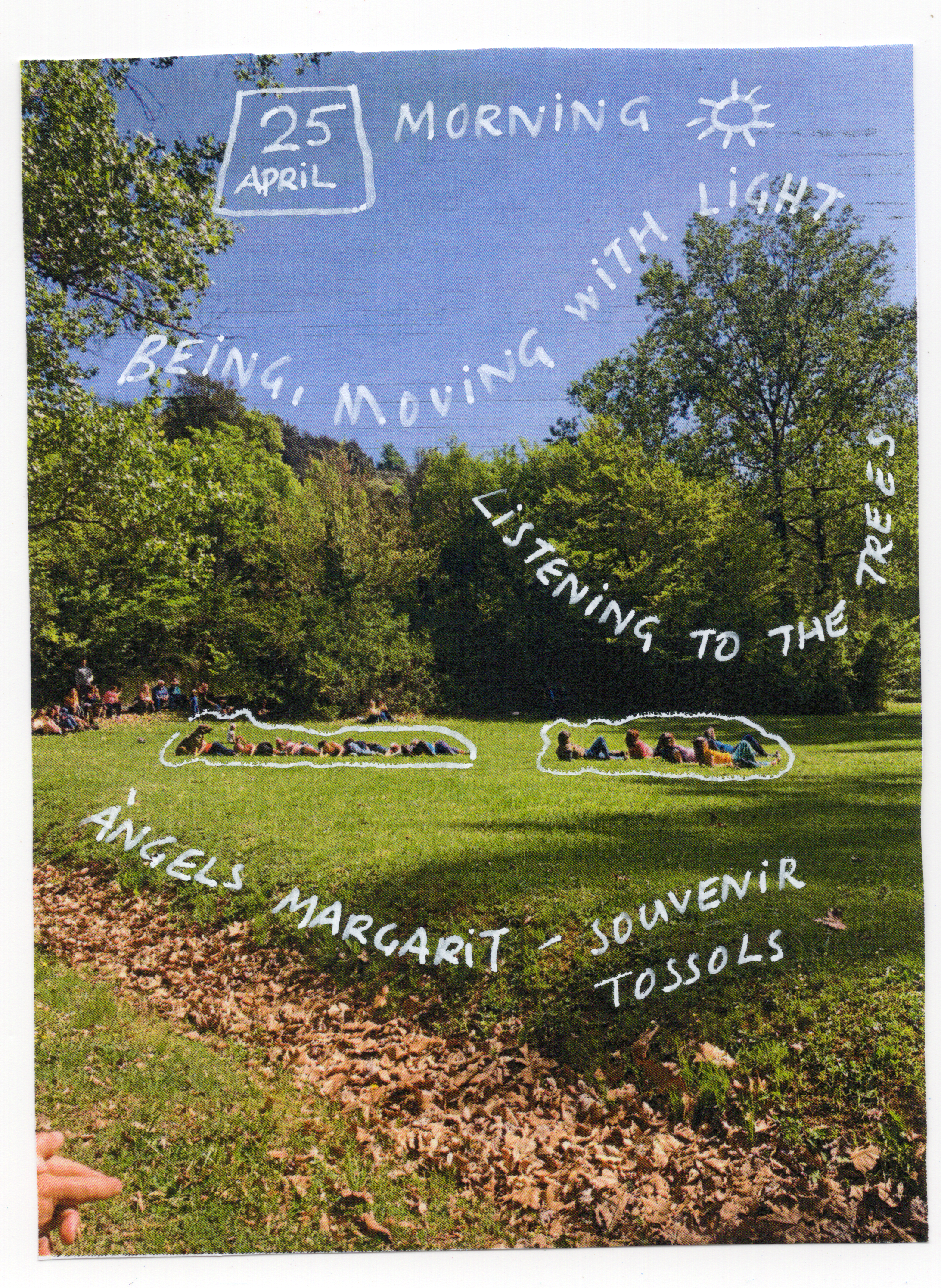 Lush park space with groups of people sitting on the grass, with handwritten text overlaid on the image