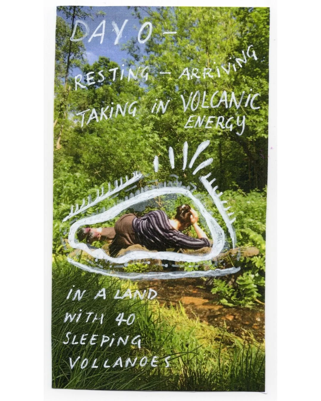 Green and leafy forest space with a figure reclining, with handwritten text overlaid on the image