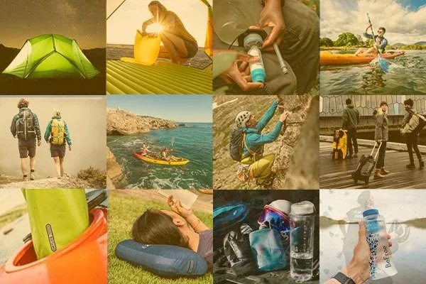 Collage of outdoor and adventure activities, including camping, fishing, kayaking, hiking, rock climbing, travel, wading, and relaxing with drinks.