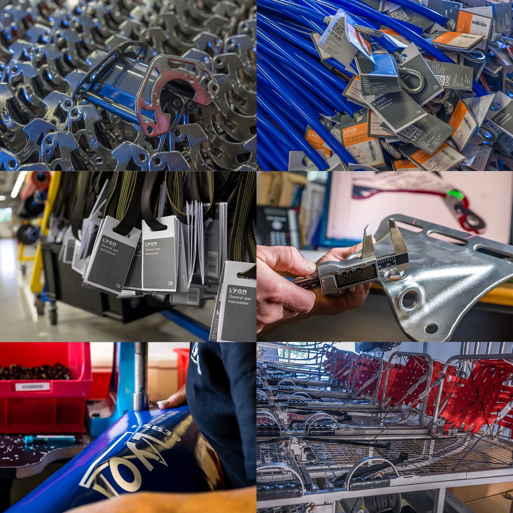 Collage of various shopping and hardware store items including metal hooks, blue shopping carts, hanging lanyards with tags, a digital caliper measuring a metal part, a person handling a rolled-up banner, and a display of carts and baskets.