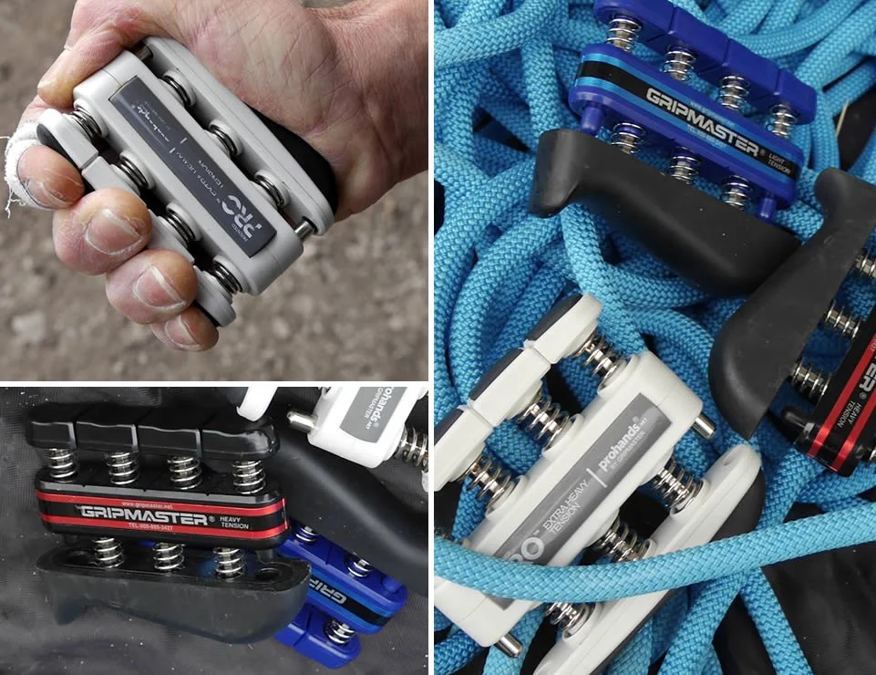 Close-up of rock climbing gear including a hand holding a Multi-Use Climbing Device, a pile of various Climbing Ascenders, and prusik cords.