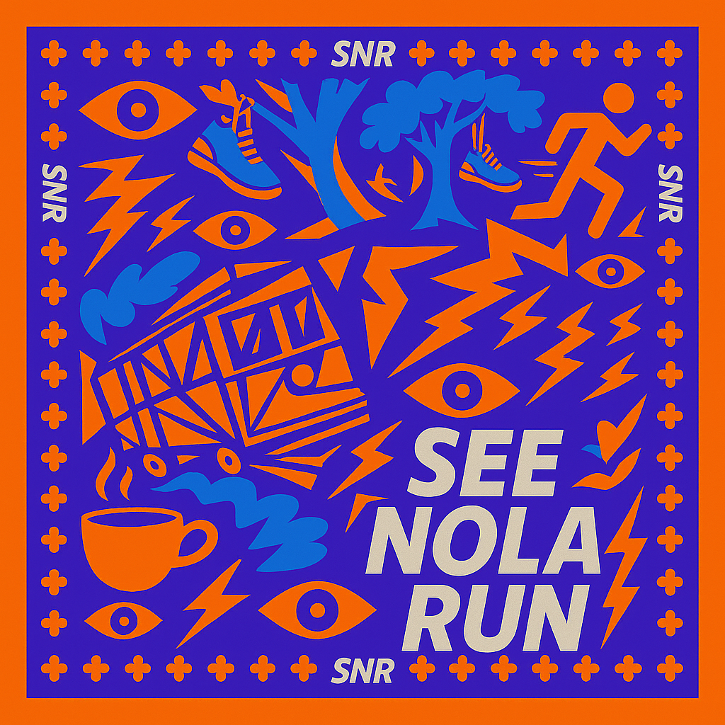 Colorful graphic poster with blue and orange elements, including trees, running figure, sneakers, eyes, lightning bolts, a coffee cup, and abstract shapes. Text reads 'SEE NOLA RUN' and 'SNR' in bold letters.