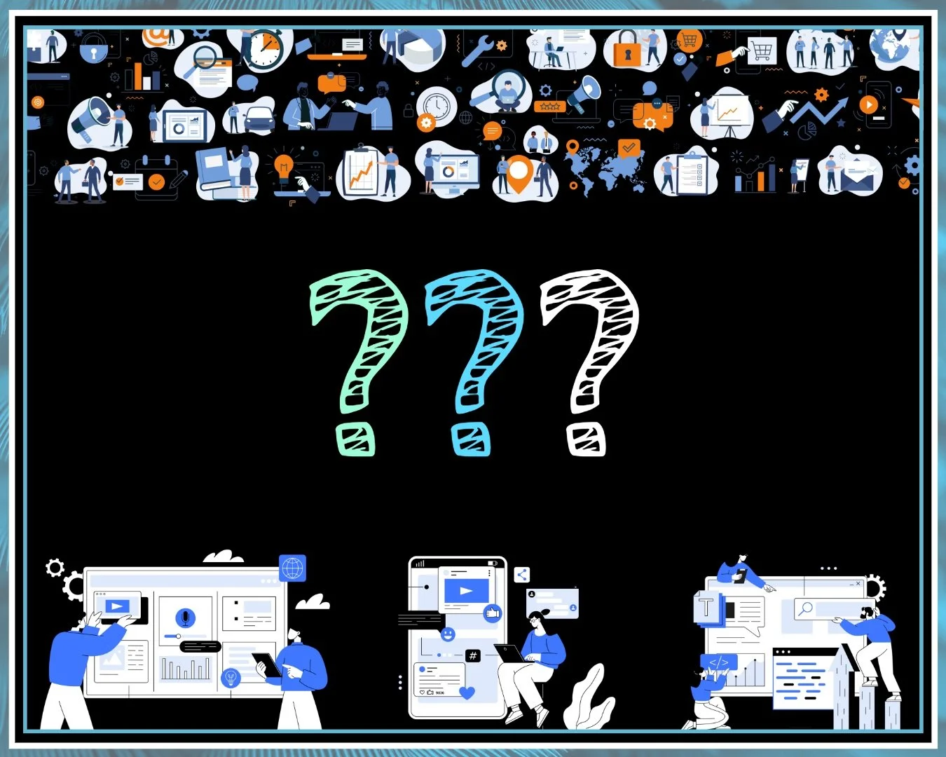 Image with question marks and SEO icons for an SEO FAQs section of a web page