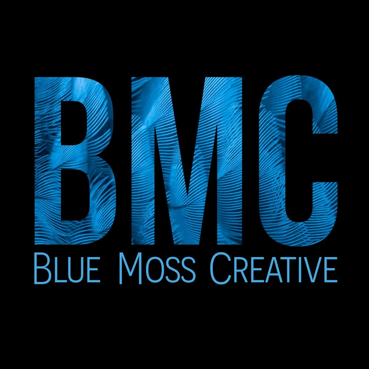Blue Moss Creative logo with BMC in block letters with a blue feather design and below reads Blue Moss Creative in blue