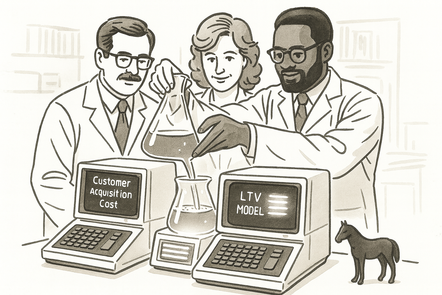 Three scientists in lab coats conducting an experiment with beakers filled with glowing green liquid, labeled 'Margin headroom' and pouring into smaller containers. Two vintage computer terminals display text advertisements, with one saying 'Customer Acquisition Cost' and the other 'LTV MODEL.' A small black horse figurine is on the table in front of the computers. The scene resembles a retro or vintage laboratory setting.