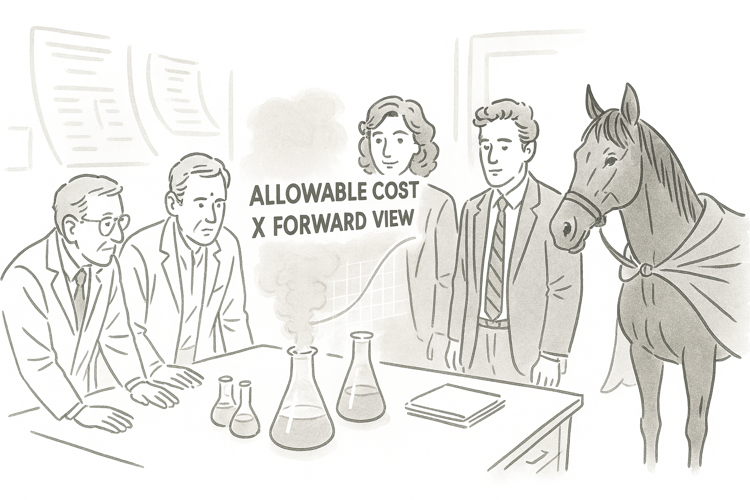 People in lab coats and business attire are gathered around a conference table with scientific glassware emitting colored smoke. A holographic display shows a graph labeled 'ALLOWABLE COST X FORWARD VIEW,' with an upward trend line. A horse wearing a cape stands nearby.