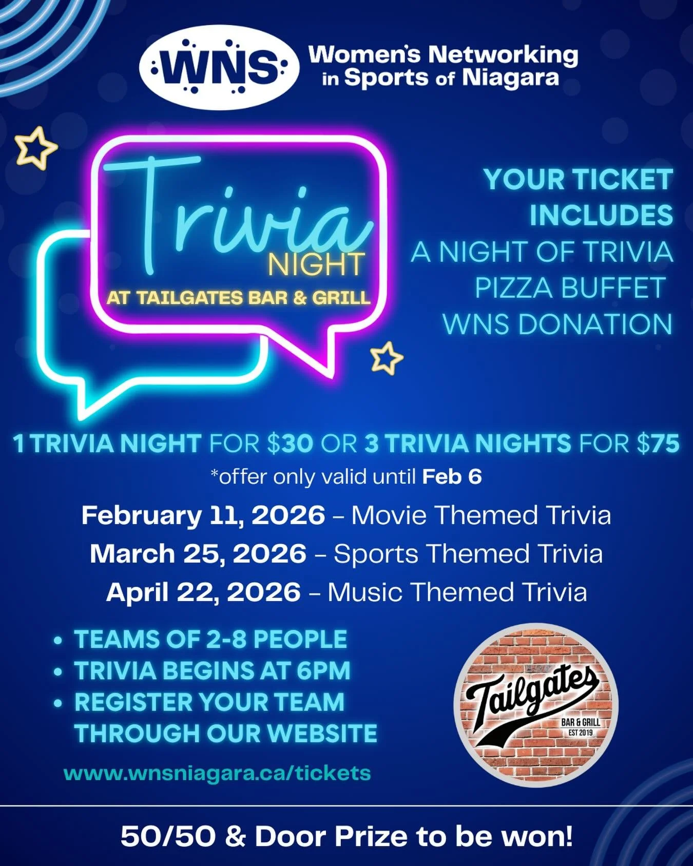Get your tickets now on our website! We are super excited for trivia nights at @tailgatesbar.welland! Huge thanks for hosting us again, you guys are the best! 🙌🏼 All proceeds go to supporting female athletes in Niagara!