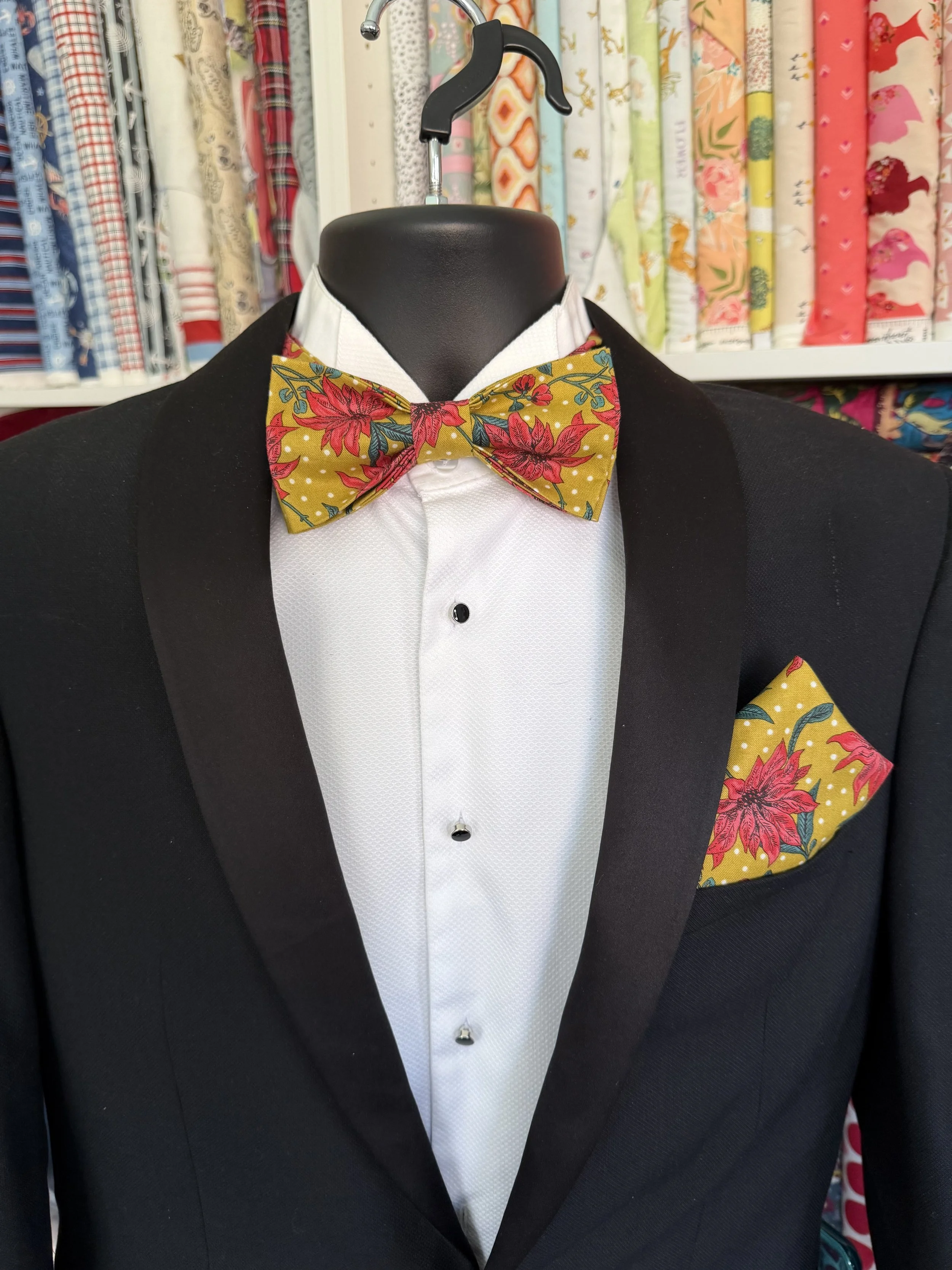 Handmade Sewjackie Bow Tie  and matching pocket square in Liberty Seasons Greetings Red poinsettia flowers on mustard background
