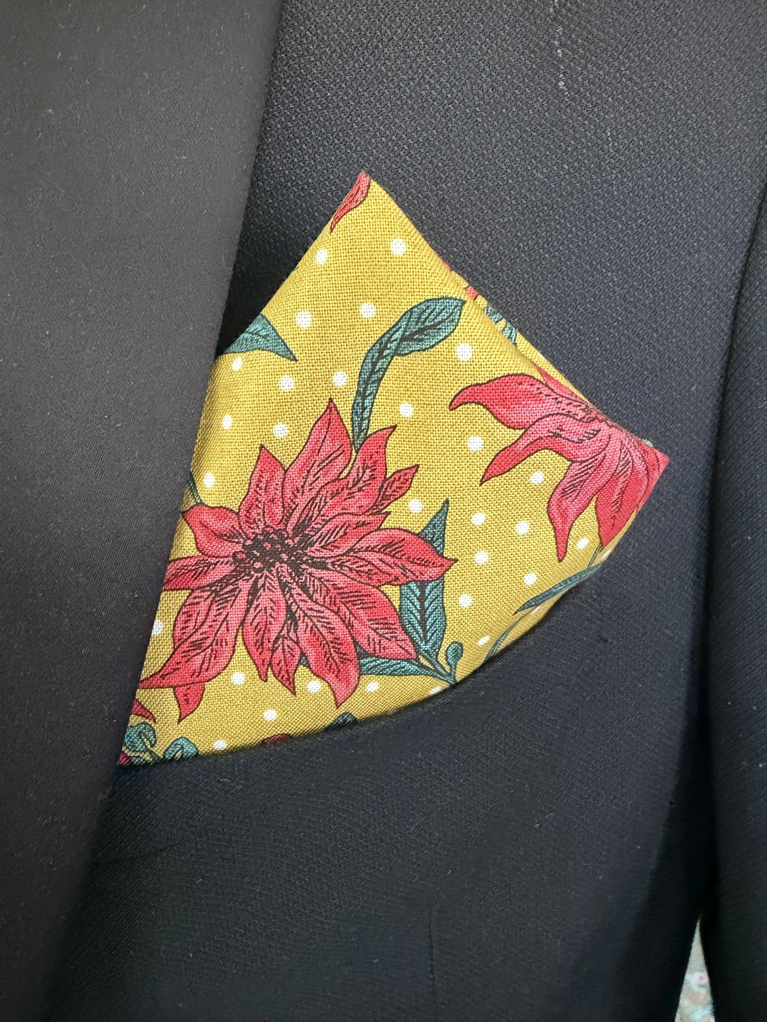 Handmade Sewjackie  pocket square in Liberty Seasons Greetings Red poinsettia flowers on mustard background