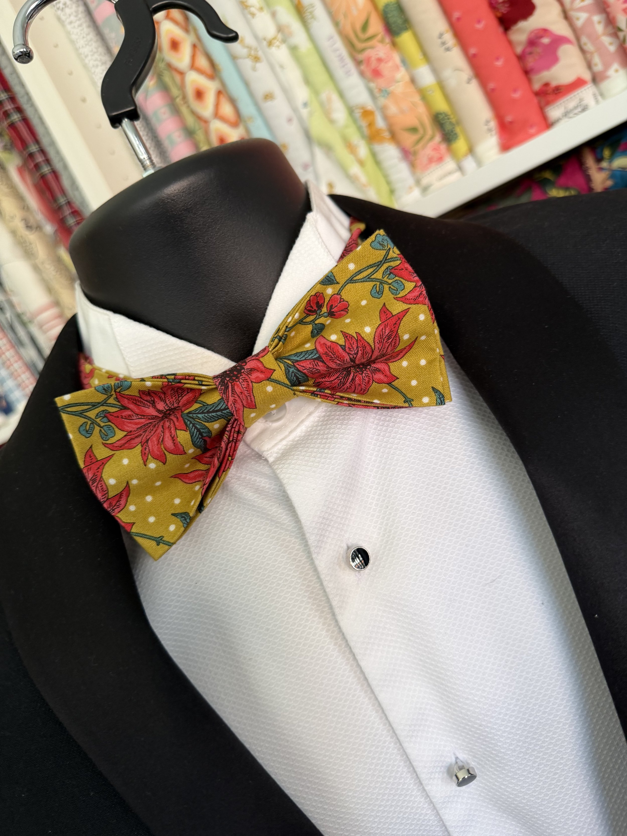 Handmade Sewjackie Bow Tie in Liberty Seasons Greetings Red poinsettia flowers on mustard background
