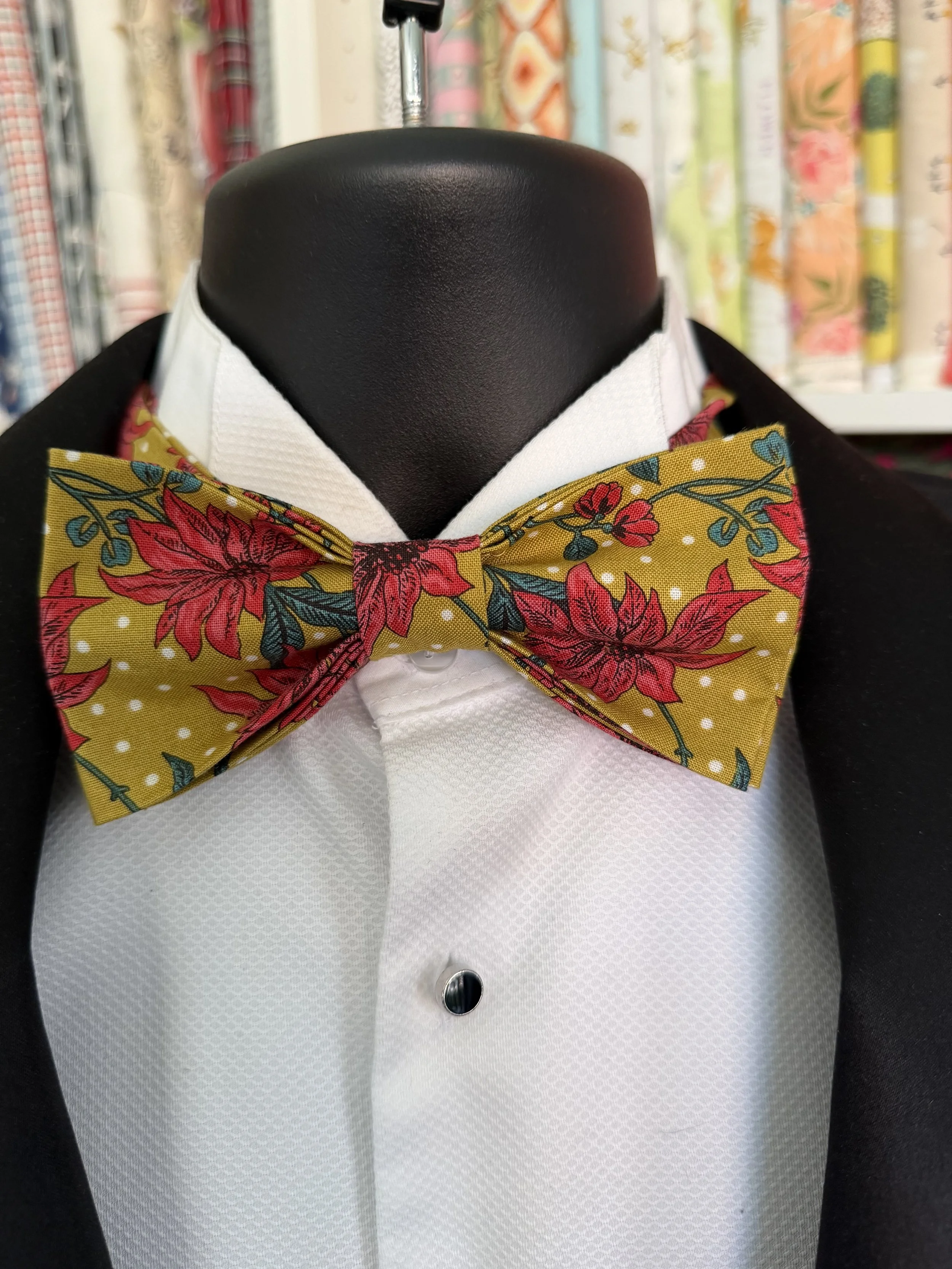 Handmade Sewjackie Bow Tie in Liberty Seasons Greetings Red poinsettia flowers on mustard background