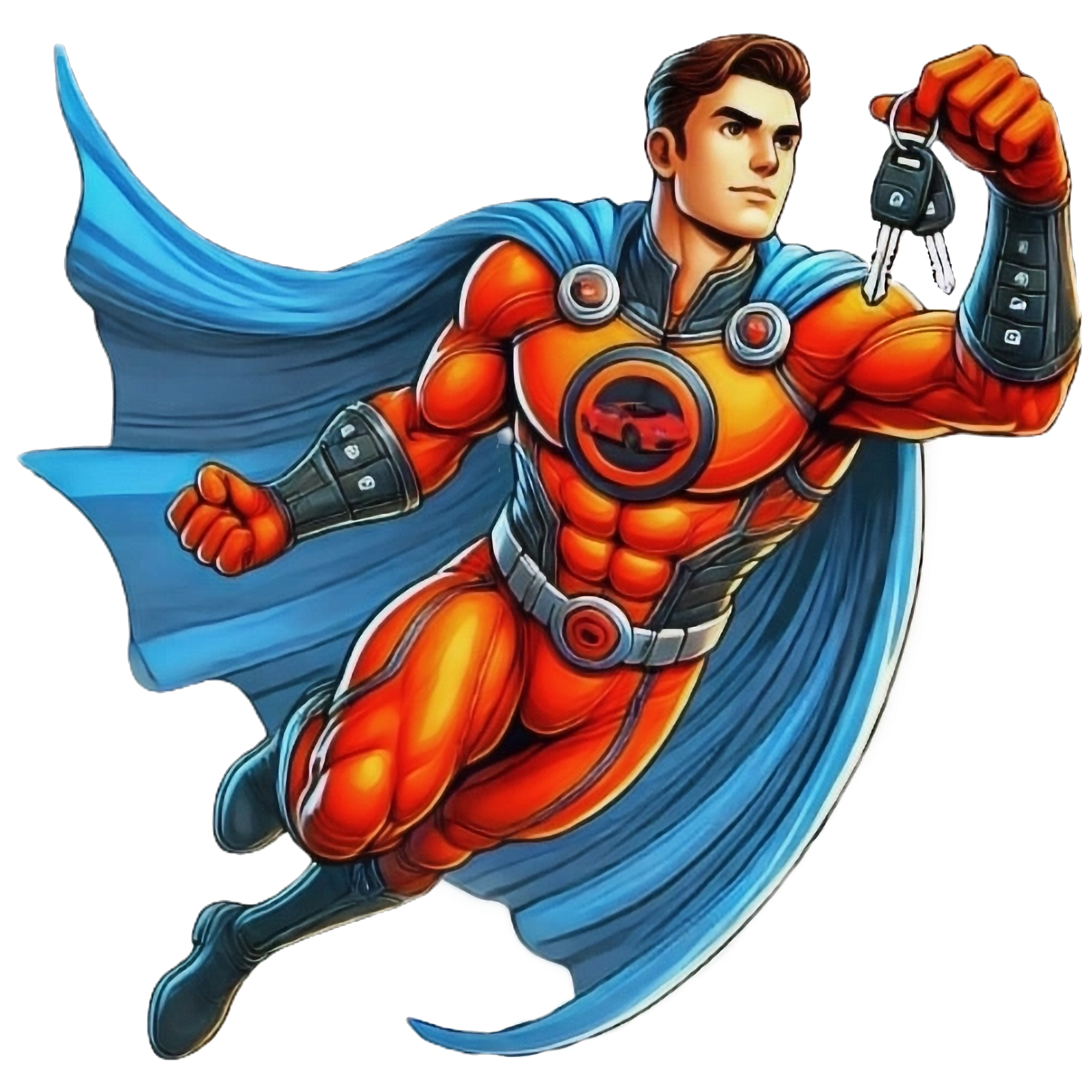 Superhero character in orange and blue costume holding a keychain with car keys