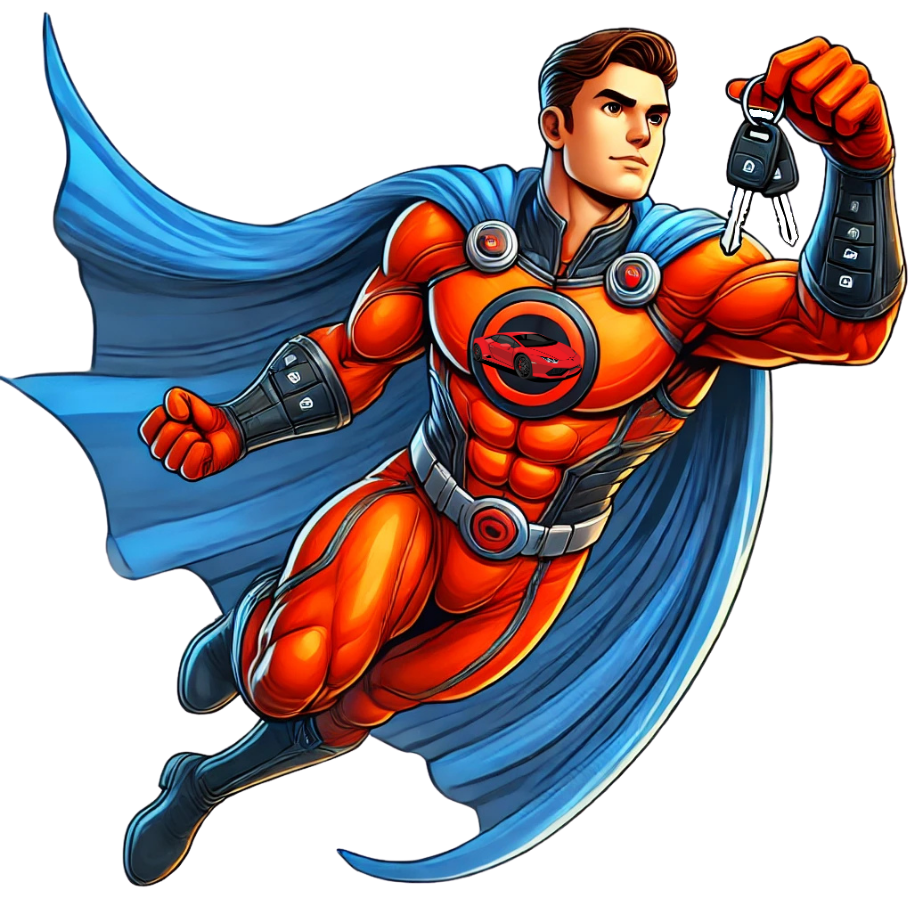 Illustration of a superhero in an orange and blue costume, holding car keys.
