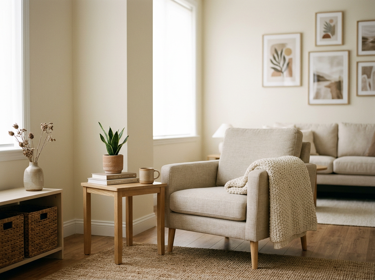 A cozy living room corner with a beige armchair, a small wooden side table with a plant, books, and a mug, and a white sideboard with a vase and dried flowers. Light streams in through two windows, and there is a beige sofa and framed artwork on the wall in the background.
