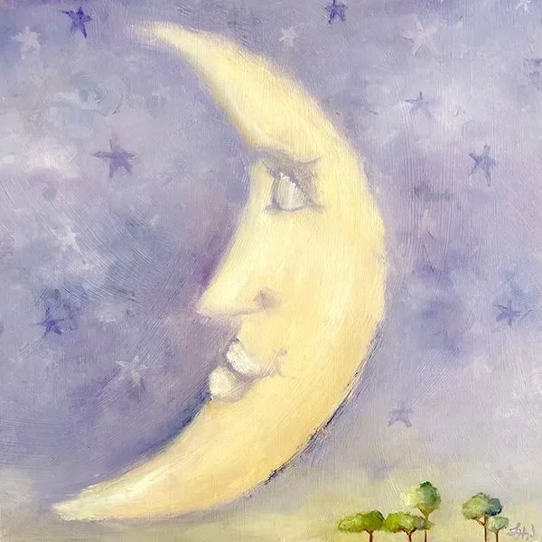 Painting of a crescent moon with a human face, set against a purple starry sky with small trees at the bottom.